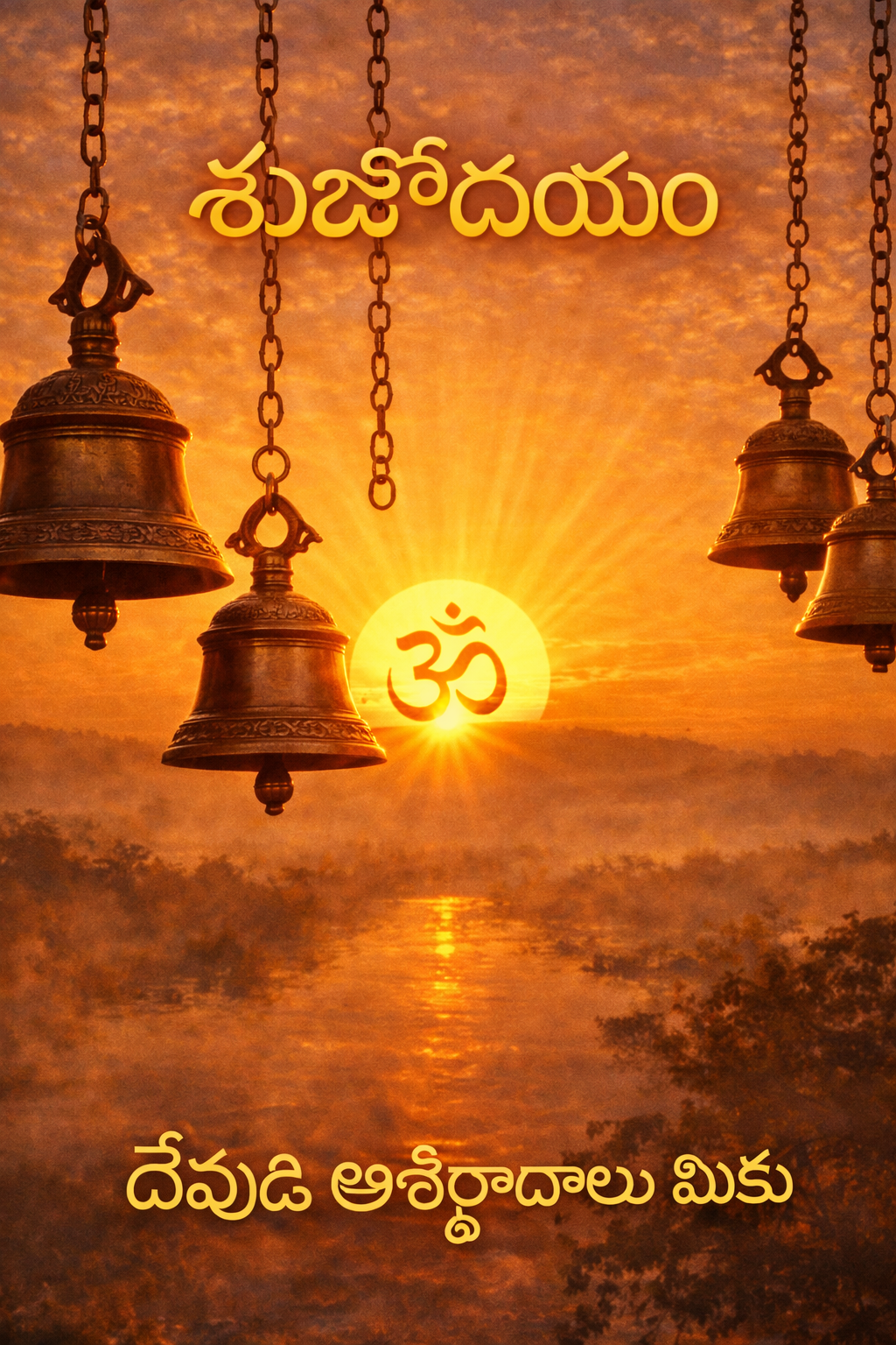 Subhodayam Telugu good morning — brass temple bells hanging at sunrise with Om symbol glowing, God's blessings text — vertical WhatsApp image